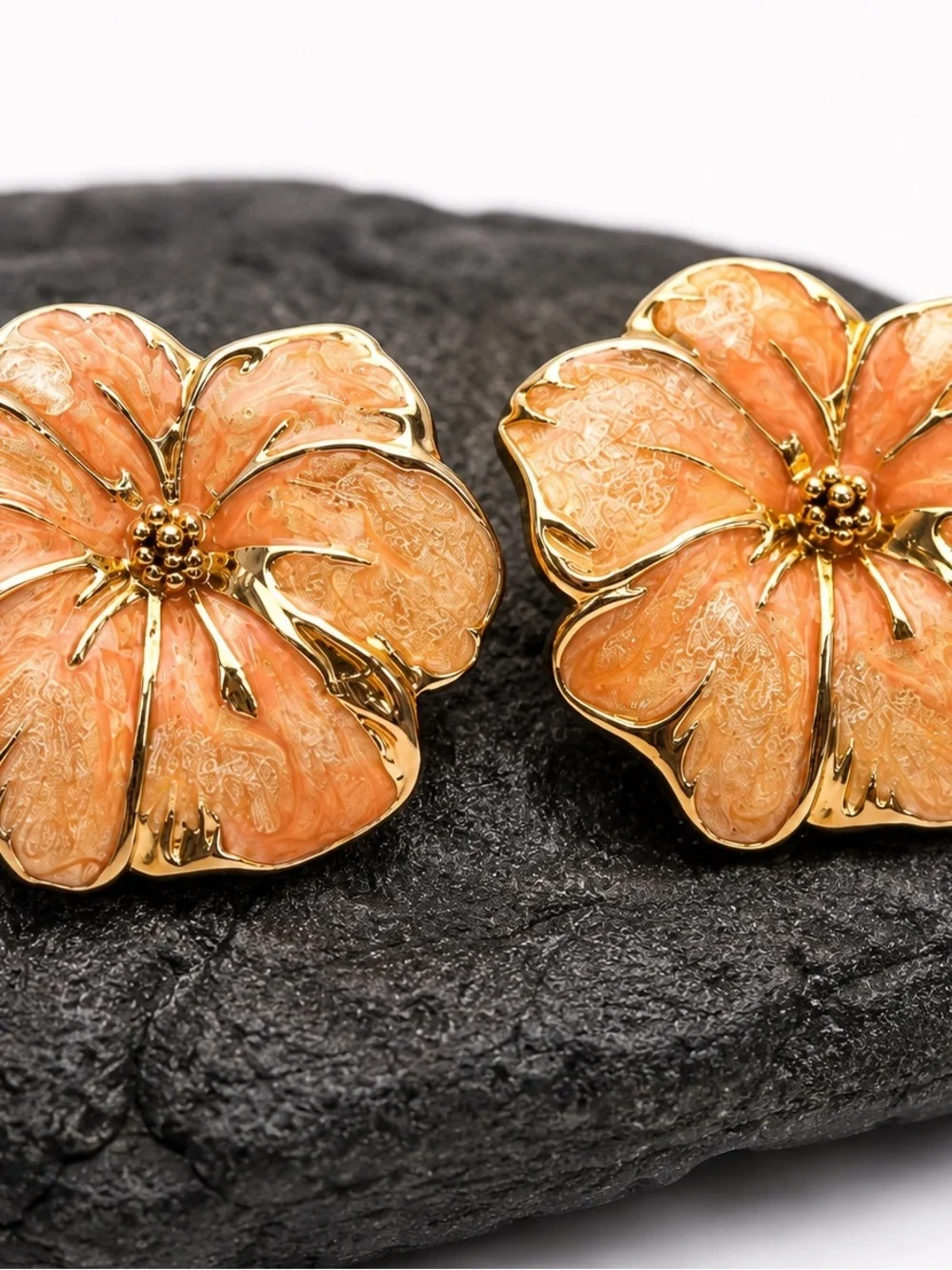Gold Tone Peach Enamel Hibiscus Flower Stud Earrings Tropical Floral Boho Chic